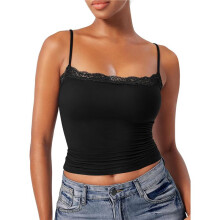 Canotta da Donna In Pizzo con Scollo Quadrato, Senza Maniche e Spalline Sottili Nero XL