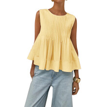 Womens Summer Pleated Peplum Sleeveless Blouse Tank Tops Round Neck Y2K Babydoll Blouse Shirt Yellow S