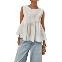 Womens Summer Pleated Peplum Sleeveless Blouse Tank Tops Round Neck Y2K Babydoll Blouse Shirt White S