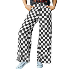 Women Casual Checkered Pants Elastic Waist Comfy Loose Wide Leg Pants with Pockets Black M