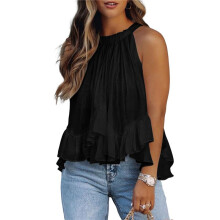 Camicia Estiva da Donna con Scollo All'Americana, Maniche Corte, Volant Irregolari e Arricciature Nero L