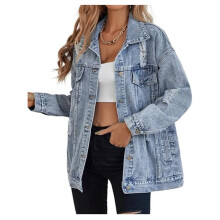 Women'S Long Oversized Denim Jacket Boyfriend Ripped Distressed Jean Jackets Coat Light  L