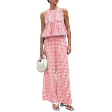 Women'S 2 Piece Gingham Set Summer Outfits Ruffle Tank Top and Wide Leg Pants Matching Lounge Set XL
