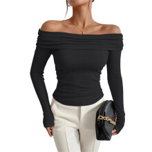 Damen-Oberteile, Schulterfrei, Elegant, Lässig, Schmale Passform, Lange Ärmel, Frühling/Herbst, Bluse, Ausgehhemd Schwarz M