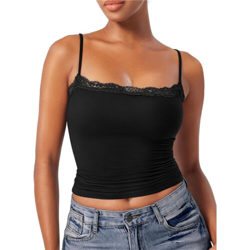 Women'S Lace Camisole Square Neck Sleeveless Spaghetti Strap Basic Tank Top Black S 1