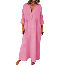 Women Bohemian Cotton Linen Dresses 3/4 Sleeve Maxi Long-Pink M