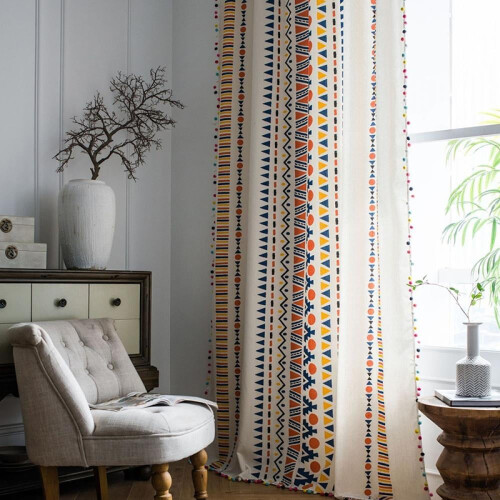 Boho Navy Blue & Orange Cotton Linen Curtain Panel 59x78 in 1