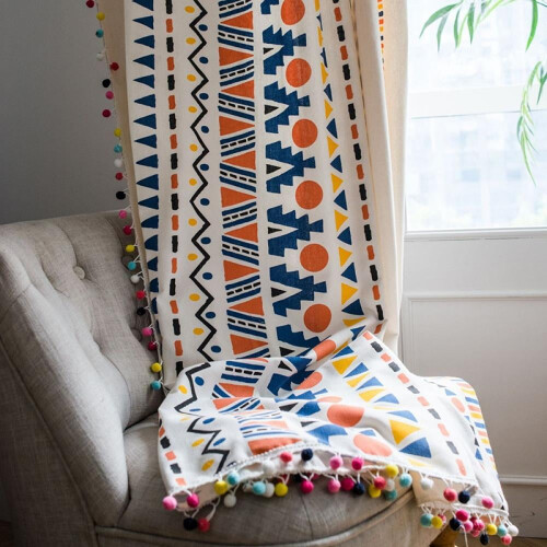Boho Navy Blue & Orange Cotton Linen Curtain Panel 59x78 in 2