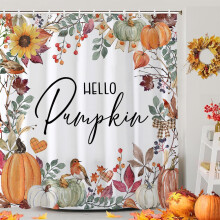 Hello Pumpkin Fall Shower Curtain Waterproof Polyester Fabric with Hooks 72x72 Thanksgiving Decor