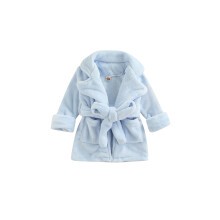 (130, Blue) Kids Flannel Bathrobe, Solid Color/Leopard Print Pocket Robe with Belt for Girls Boys