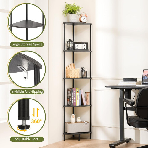 5-Tier Corner Bookshelf Gray 65 in Tall 2