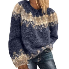 Damen-Fair--Pullover, Vintage, Grober Rundhalsausschnitt, Langärmliger Strickpullover, Übergroßer Warmer Mohair-Pullover Blau XXL