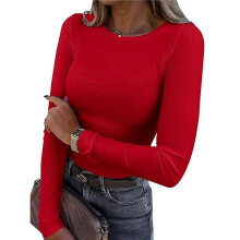 Damen Langarmshirts Rippstrick Slim Fit Tops Herbst Outfits Lässiges T-Shirt Unterhemd Lagenkleidung Rot S