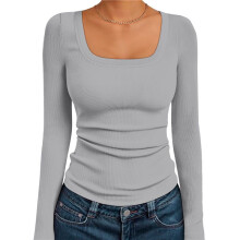 Damen Langarmshirts mit Quadratischem Ausschnitt, Geripptes Strick-Basic-Crop-Tops, Herbst-Outfits, Modische Kleidung Hellgrau M