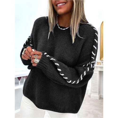 Damen Oversize-Pullover mit Kontrastnähten, Rundhalsausschnitt, Zopfmuster, Pullover Schwarz XL 2