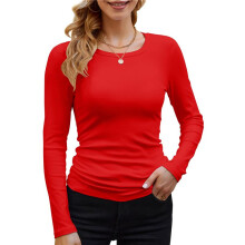 Damen Geripptes Langarmshirt mit Rundhalsausschnitt, Lässig, Schmal, Basic-Shirt, Tailliertes Strickoberteil Rot L