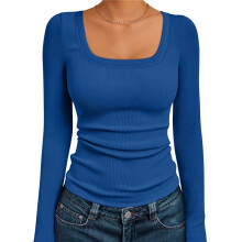 Damen Langarmshirts mit Quadratischem Ausschnitt, Geripptes Strick-Basic-Crop-Tops, Herbst-Outfits, Modische Kleidung Königsblau M