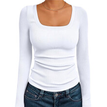 Damen Langarmshirts mit Quadratischem Ausschnitt, Geripptes Strick-Basic-Crop-Tops, Herbst-Outfits, Modische Kleidung Weiß M