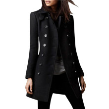 Damen Winter Zweireihiger Mantel Eleganter Reverskragen Lange Ärmel Trenchcoat Aus Mischgewebe Schwarz XL