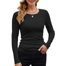 Damen Geripptes Langarmshirt mit Rundhalsausschnitt, Lässig, Schmal, Basic-Shirt, Tailliertes Strickoberteil Schwarz M