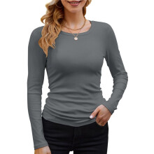 Damen Geripptes Langarmshirt mit Rundhalsausschnitt, Lässig, Schmal, Basic-Shirt, Tailliertes Strickoberteil Dunkelgrau L