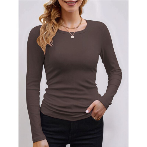 Damen Geripptes Langarmshirt mit Rundhalsausschnitt, Lässig, Schmal, Basic-Shirt, Tailliertes Strickoberteil  L 1