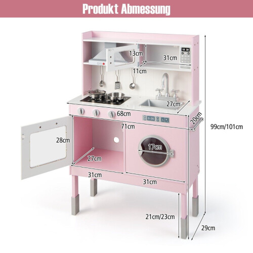 Cucina per bambini in legno con accessori da gioco, suoni e luci rosa 2