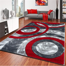 (Red, 160 x 230 cm - Area Rug) 1pc Shaggy Rug – Retro Circle Pattern Dense-Pile Design – Super Soft, Non-Shed, Durable