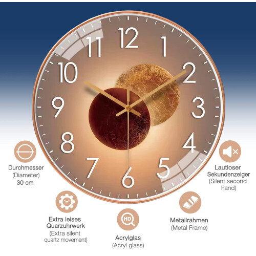 Gold Round Silent Wall Clock 30 cm 2