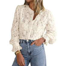 Damen Elegante Freizeit Spitzenbluse Langarm Button Shirts Tops Frühling Herbst Mode Kleidung Aprikose XL