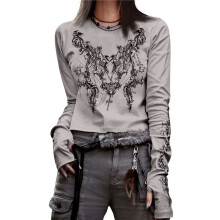 Graphische T-Shirts für Frauen, Teenager, Mädchen, Ästhetische Grunge-Gothic-Kleidung, Y2k-Shirt, Strick, Basic, Langarm-Oberteil, Herbst Grau S