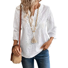 Damen-Bluse mit 3/4-Ärmeln, Ösenstickerei, Sommer-Boho-Bluse mit Gekerbtem Ausschnitt Weiß XL
