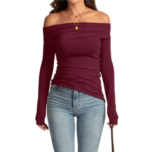 Damen-Oberteile mit Schulterfreiem Schnitt, Elegant, Langärmelig, Asymmetrisch, Schmale Passform, zum Ausgehen, Herbst, Bluse, Gerüschte Hemden
