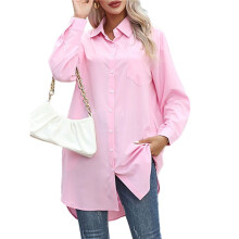 Damen Casual Shirt Kleid Kragen V-Ausschnitt Button Down Lose Langarm Kleider Rosa XL