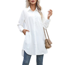 Damen Casual Shirt Kleid Kragen V-Ausschnitt Button Down Lose Langarm Kleider Weiß XL