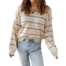 Damen-Pullover mit Streifenmuster, Geripptem Rand, Langen Ärmeln, Rundhalsausschnitt, Überschnittenen Schultern, Herbstpullover-Oberteil Aprikose S