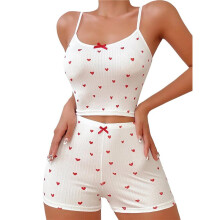 Damen-Pyjama-Set mit Grafik, 2-Teilig, Sommer, Süßes Bauchfreies Oberteil und Shorts, Geripptes Lounge-Set Rot M