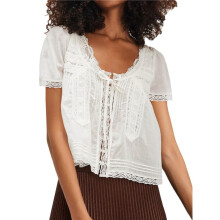 Damen-Top mit Schnürung Vorne, Spitzenbesatz, Transparent, Kurzärmlig, U-Ausschnitt, Knopfleiste, Y2k-Rüschen, Fließendes Boho-Crop-Top Weiß M