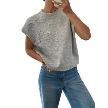 Damen Rippenpullover Rundhalsausschnitt Kurzarm Lockere Passform Blumenmuster Strickpullover Tops Silber M