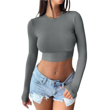 Top Corti A Maniche Lunghe da Donna 2025 - Magliette Autunnali Corte Aderenti con Scollo Rotondo di Base Grigio Scuro S