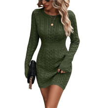 Damen Zopfmuster Pulloverkleid Langarm Strick Herbst Winter Kleider Rundhals Bleistiftkleider Armeegrün M