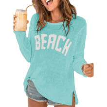 Strand-Überzug für Damen, Buchstaben-Print, Langärmeliger Pullover, Rundhalsausschnitt, Geteilter Saum, Häkelpullover-Oberteil Grün M