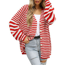Damen Gestreifter Pullovermantel Lässiger Langarm Offene Vorderseite Knopfleiste Locker Strickcardigan Herbst Rot L
