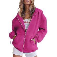Damen-Kapuzenpullover mit Reißverschluss, Übergroße Sweatshirts, Herbst-Schulmode-Outfits, Freizeitjacken, Winterkleidung Leuchtendes Rosa L