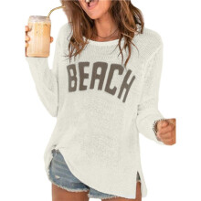 Strand-Überzug für Damen, Buchstaben-Print, Langärmeliger Pullover, Rundhalsausschnitt, Geteilter Saum, Häkelpullover-Oberteil Weiß M