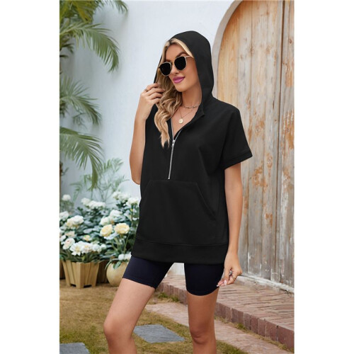 Felpe con Cappuccio Oversize da Donna con Mezza Zip, Maniche Corte, Casual, Pullover con Tasche Nero M 1
