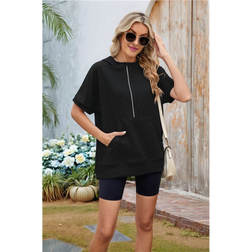 Felpe con Cappuccio Oversize da Donna con Mezza Zip, Maniche Corte, Casual, Pullover con Tasche Nero M 2