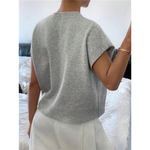 Damen Rippenpullover Rundhalsausschnitt Kurzarm Lockere Passform Blumenmuster Strickpullover Tops Silber M 2