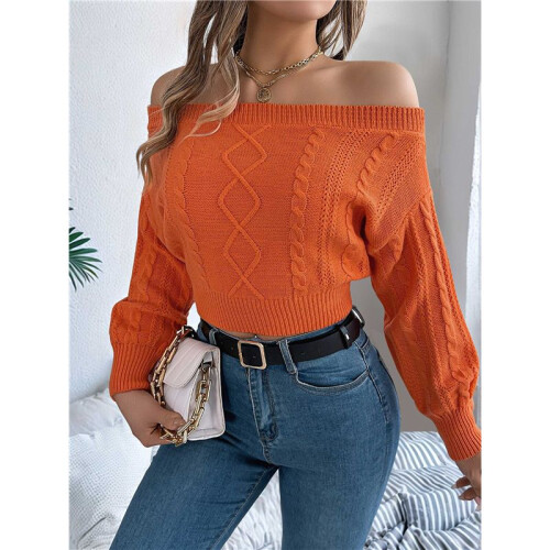 Damen Off-The-Shoulder Pullover Solid Zopfmuster Pullover Jumper Top Casual Langarm Cropped Pullover Orange Farbe M 1