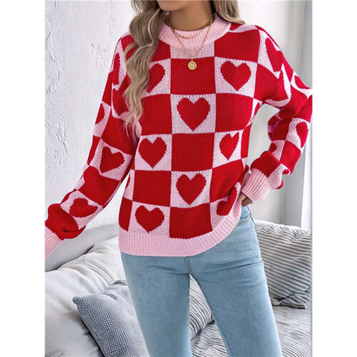 Damen Rollkragenpullover Langarm Block Süßes Herz Strick Herbst Winter Tops Rippstrick Pullover Pullover Rot L 1